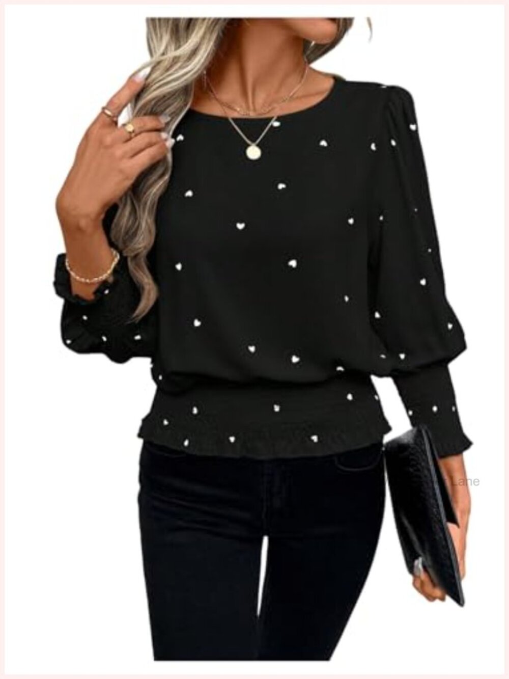Women's Heart Print Blouse Crew Neck 3/4 Sleeve Shirred Dressy Casual Top